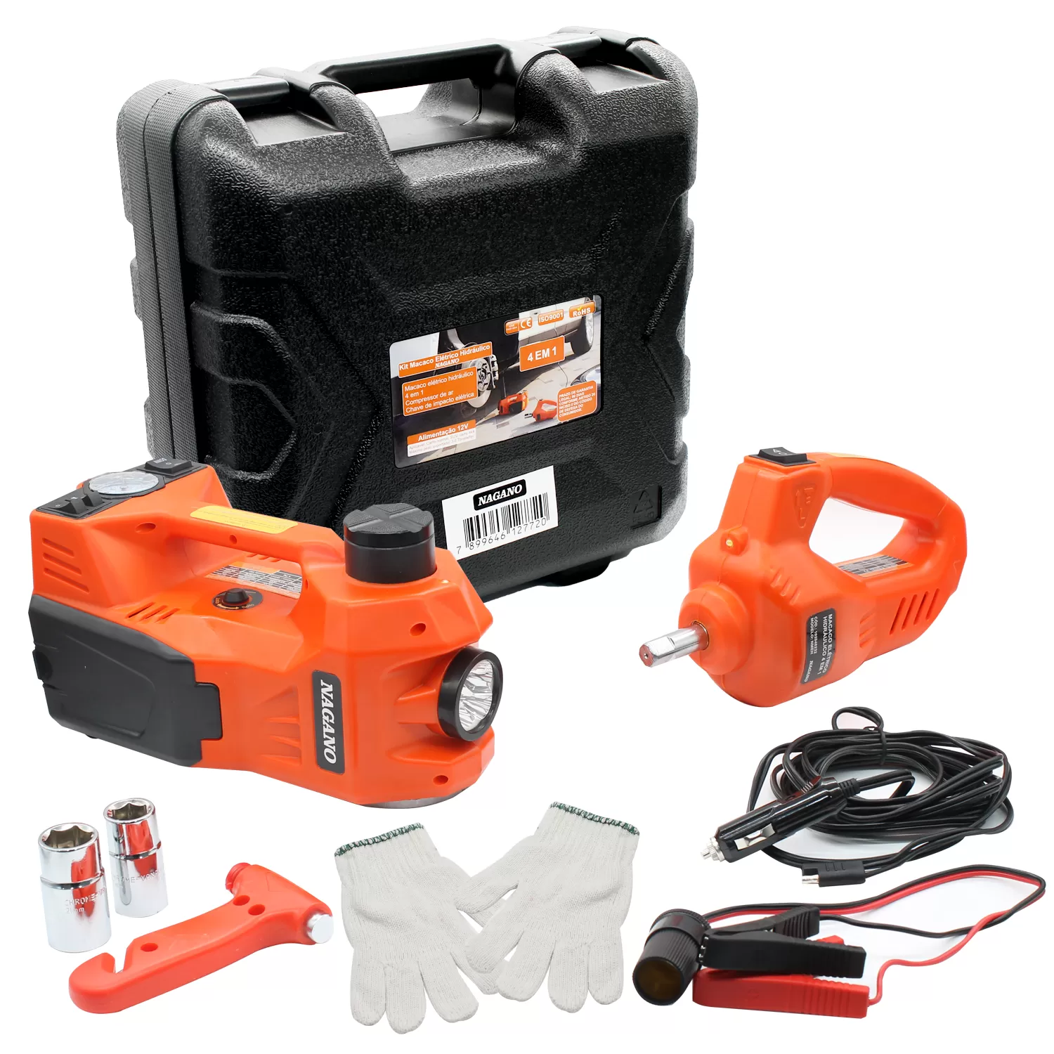 Macaco Elétrico Hidráulico 4 em 1 Compressor Lanterna Chave de Impacto 12v