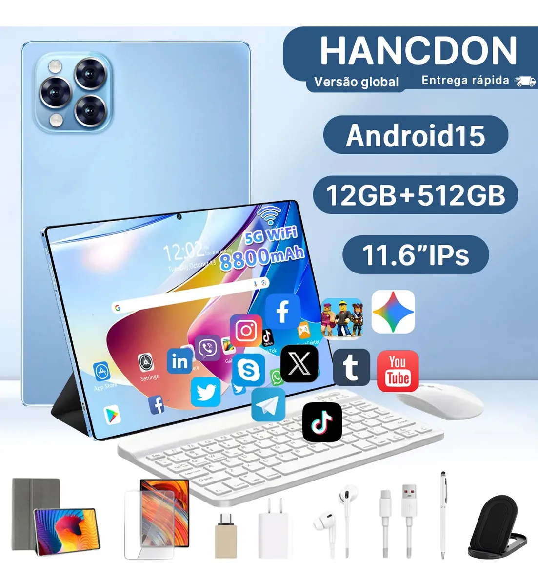 celular 15 Hancdon Tab Kit Completo Ram 12gb 512gb 11.6eamp;amp;#039;eamp;amp;#039; Hd Tela Apoia Wifi 2,4/4g/5g Dual Sim Bateria 8800mah Com Caneta+teclado E Mouse Profissional Estudo Trabalho Jogos 2 Em 1 Tablets Pc