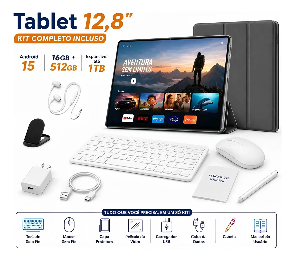 Hancdon Android 15 Tab Kit Completo Ram 16gb 512gb 12,8eamp;#039;eamp;#039; Hd Tela Apoia Wifi 2,4/4/5g Bateria 8800mah Com Caneta+teclado E Mouse Profissional Estudo Trabalho Ia Gemini Jogos 2 Em 1 Tablets Pc